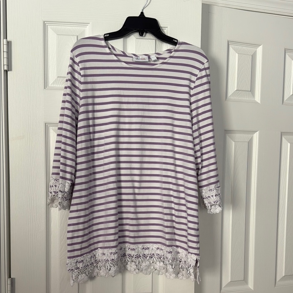 Denim and Company Purple Striped Lace Trim Top